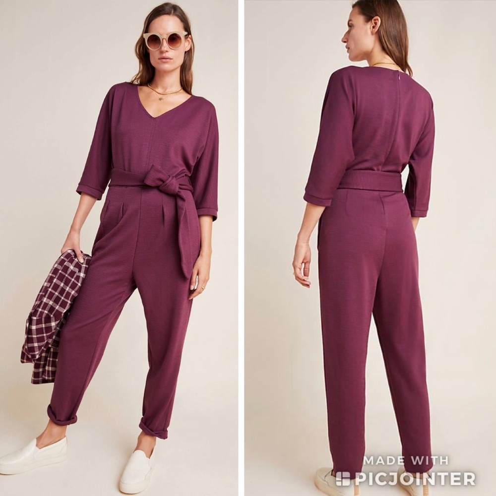 Anthropologie Sutton Ponte Jumpsuit belted wine